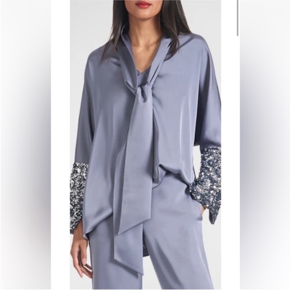 Sachin + Babi Reid Sequin-Cuff Tie-Neck
Satin Crepe Top Large NWT